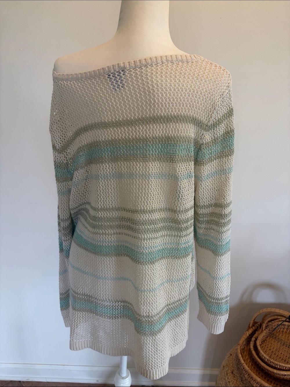 Chico’s -  Cream Open-Knit Stripe Sweater - Casual Women's Pullover - Picture 7 of 10